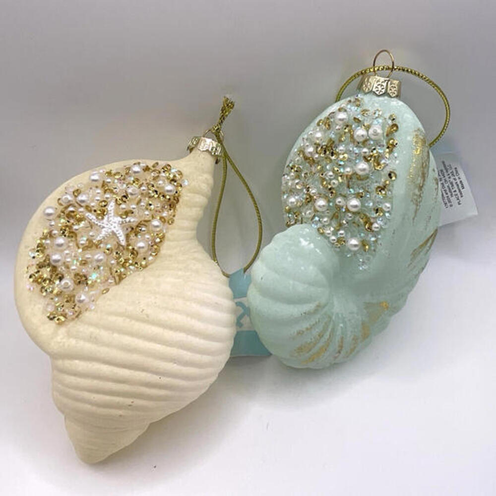 Place & Time Nautical Noel Sea Shell Blown Glass Christmas Ornaments Lot of 2